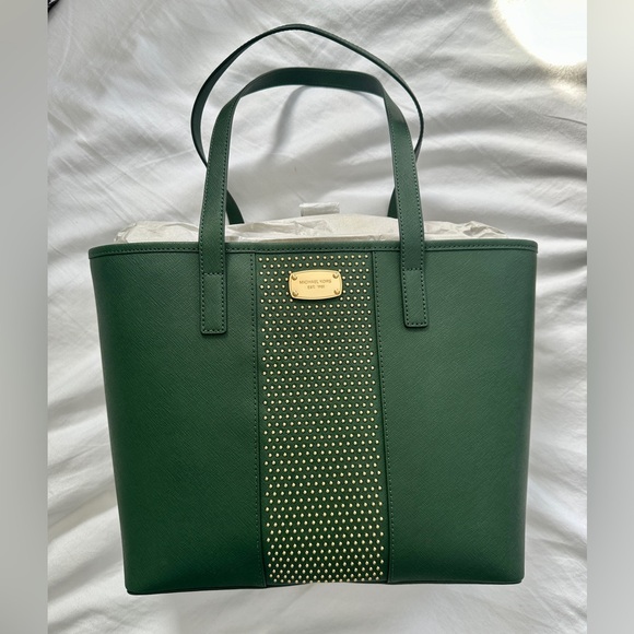 Michael Kors Microstud Center Stripe Small Travel Tote – Moss (NWT)